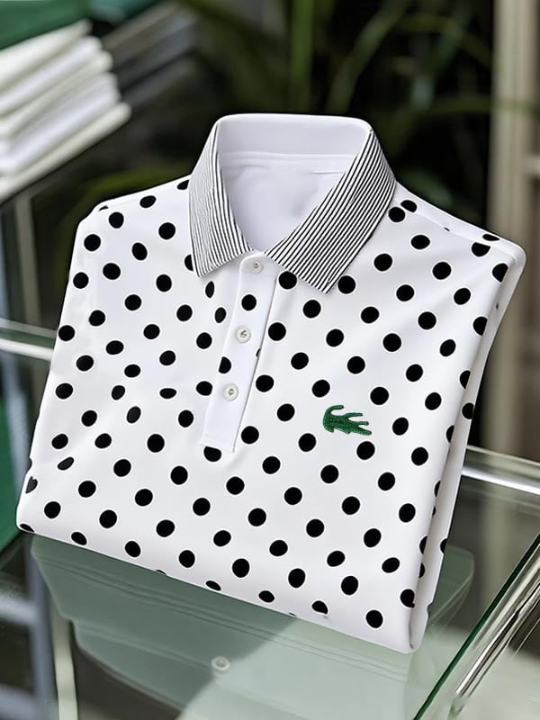 Men's Classic Business Black and White Polka Dot Logo Button Short Sleeve Polo Shirt